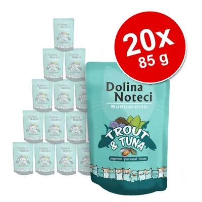 Dolina Noteci Superfood Trout & Tuna, zestaw 20 saszetek po 85 g. Widoczne opakowania z napisem peppermint, green mussel, linseed oraz grafika kotów.