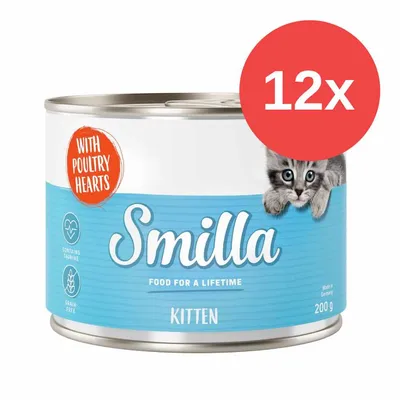 Smilla Kitten, 200 g, z sercami drobiowymi, bez zbóż, zawiera taurynę. Zestaw 12x. Widoczny napis: Food for a lifetime.