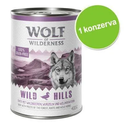 Konzerva Wolf of Wilderness Wild Hills, 100% grain-free, 400 g. Text: Ente mit Waldbeeren, Wurzeln und Wildkräutern. Zelený kruh s nápisem 1 konzerva.