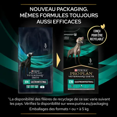 Nouveau packaging Purina Pro Plan Veterinary Diets EN Gastrointestinal pour chien, conçu pour être recyclable. Même formule, efficacité inchangée. Emballages formats ≤ 5 kg.