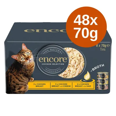 Encore Chicken Selection, 48x70g. Widoczne: 3 x chicken breast, 3 x chicken breast with cheese, 2 x chicken breast with ham, 100% natural ingredients, w bulionie.