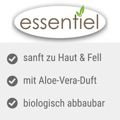 Essentiel. Jemný k pokožce a srsti, s vůní aloe vera, biologicky rozložitelný.