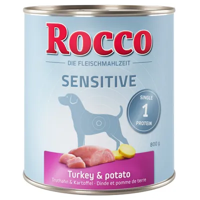 Rocco Sensitive hondenvoer, 800 g blik. Turkey & potato, single protein. Afbeelding van kalkoen en aardappel op de verpakking. Tekst in Engels, Duits en Frans zichtbaar. Rocco Sensitive hondenvoer, 800 g blik. Turkey & potato, single protein. Afbeelding van kalkoen en aardappel op de verpakking. Tekst in Engels, Duits en Frans zichtbaar.