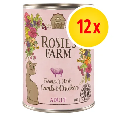 Rosie's Farm Farmer's Hash Lamb & Chicken Adult, 400g Dose, getreidefreie Rezeptur, Abbildung einer Katze und eines Schafs, 12x Packung