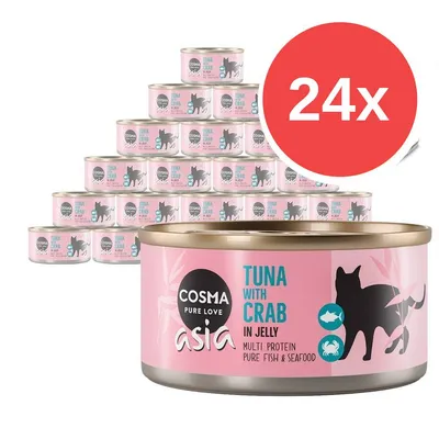 24 lattine Cosma Asia Pure Love, Tuna with Crab in Jelly, multi protein, pure fish & seafood. Etichetta rosa con silhouette di gatto, pesce e granchio visibili.