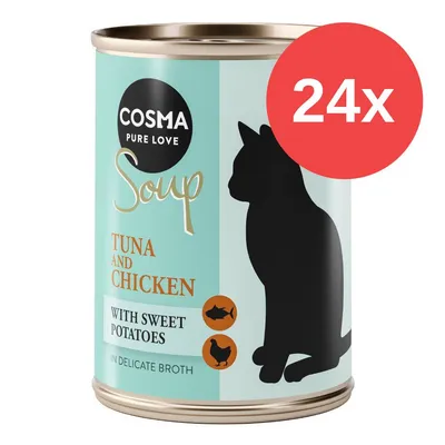 Cosma Pure Love Soup, Tuna and Chicken with Sweet Potatoes in Delicate Broth, confezione 24x. Immagine di una lattina con silhouette di gatto nera e testo in inglese.