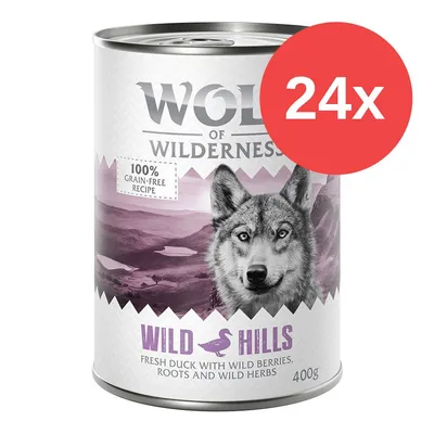 Wolf of Wilderness Wild Hills, 100% grain-free recipe, anatra fresca con frutti di bosco, radici ed erbe selvatiche, 400 g, confezione da 24 Wolf of Wilderness Wild Hills, 100% grain-free recipe, anatra fresca con frutti di bosco, radici ed erbe selvatiche, 400 g, confezione da 24