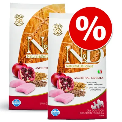 Pachete hrană uscată pentru câini Farmina N&D Ancestral Cereals, Low-Grain, cu imagine rodie, carne roz, cereale. Text vizibil: OGM FREE LOW GRAIN, Natural&Delicious, Adult, ofertă procentuală.