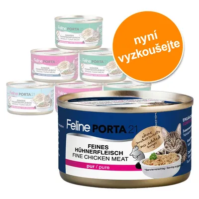 Feline PORTA 21 konzervy pro kočky, různé druhy: Feines Hühnerfleisch, Ganzes Thunfischfleisch. Oranžový kruh s textem: nyní vyzkoušejte. Feline PORTA 21 konzervy pro kočky, různé druhy: Feines Hühnerfleisch, Ganzes Thunfischfleisch. Oranžový kruh s textem: nyní vyzkoušejte.