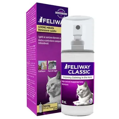 Feliway Classic spray 60 ml, confezione e flacone visibili. Testo: Azione mirata benessere subito, aiuta a controllare comportamenti indesiderati, graffiature, paure del viaggio.