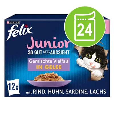 Purina Felix Junior, Gemischte Vielfalt in Gelee, 12x. Okusi: govedina, piščanec, sardina, losos. Na embalaži je tudi simbol s številko 24.