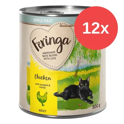 Feringa Chicken with pumpkin & catnip, ADULT, 800 g. Zestaw 12x. Na etykiecie czarny kot i rysunek kurczaka. Widoczny napis: Homemade taste begins with love.