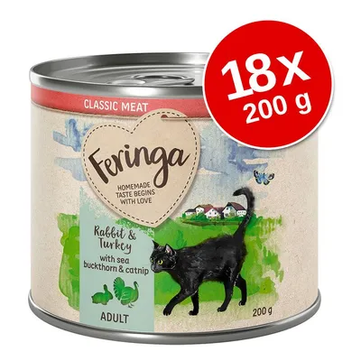 Feringa Rabbit & Turkey with sea buckthorn & catnip, ADULT, 18×200 g. Konzerva za mačke z vidno črno mačko na embalaži. Feringa Rabbit & Turkey with sea buckthorn & catnip, ADULT, 18×200 g. Konzerva za mačke z vidno črno mačko na embalaži.
