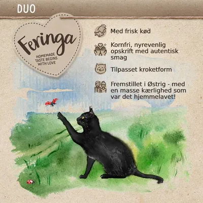 Feringa HOMEMADE TASTE BEGINS WITH LOVE. Med frisk kød, kornfri, nyrevenlig opskrift med autentisk smag, tilpasset kroketform, fremstillet i Østrig med kærlighed som var det hjemmelavet.