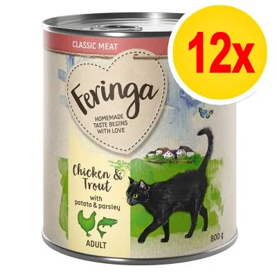 Feringa Classic Meat Chicken & Trout with potato & parsley, ADULT, 800 g. Bild på svart katt. Text: 12x i gul cirkel.