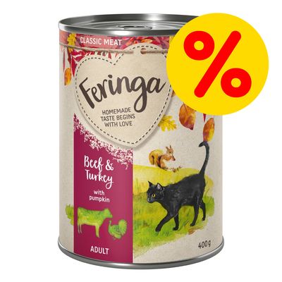 Feringa Beef & Turkey with pumpkin, ADULT, 400g. Testo in inglese: Homemade taste begins with love. Simbolo percentuale rosso su sfondo giallo.