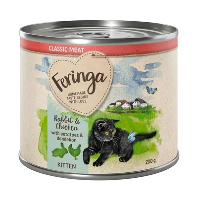 Feringa Classic Meat kattenvoer voor kittens, Rabbit & Chicken with potatoes & dandelion, blik van 200 g. Tekst: Homemade taste begins with love.