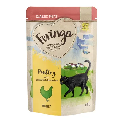 Feringa Classic Meat, Poultry con zanahorias y diente de león, Adulto, 85 g. Receta sin cereales. El envase muestra un gato negro y una escena rural.