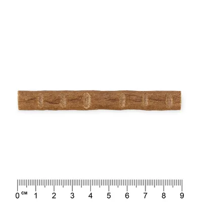 Brun snack-stick med indhak, længde ca. 9 cm, centimeter-skala synlig.