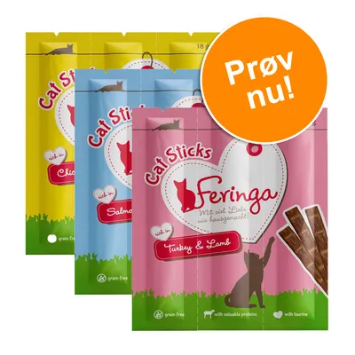 Feringa Cat Sticks, synlige varianter: Turkey & Lamb, Salmon, Chicken. Tekst: Prøv nu! grain-free, with valuable proteins, with taurine, rich in. Synlige stænger på pakken. Feringa Cat Sticks, synlige varianter: Turkey & Lamb, Salmon, Chicken. Tekst: Prøv nu! grain-free, with valuable proteins, with taurine, rich in. Synlige stænger på pakken.