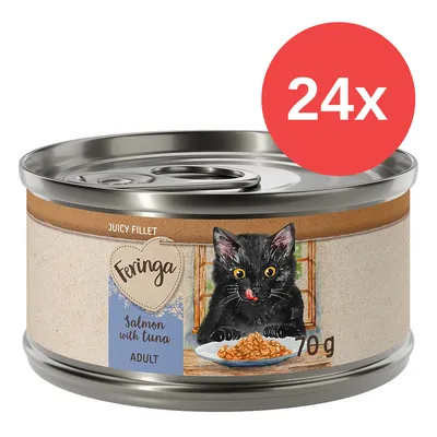 Lata de 70 g Feringa Salmon with tuna ADULT, ilustración de gato negro y plato de comida. Paquete de 24 unidades indicado con círculo rojo y texto '24x'.