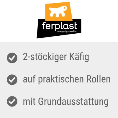ferplast new pet generation. 2-stöckiger Käfig, auf praktischen Rollen, mit Grundausstattung.