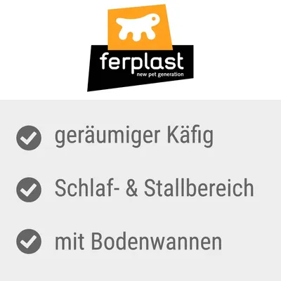 ferplast new pet generation. Geräumiger Käfig, Schlaf- & Stallbereich, mit Bodenwannen. ferplast new pet generation. Geräumiger Käfig, Schlaf- & Stallbereich, mit Bodenwannen.