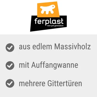 Ferplast. Eigenschaften: aus edlem Massivholz, mit Auffangwanne, mehrere Gittertüren.
