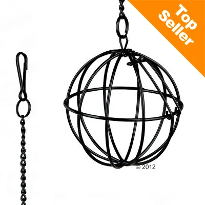 Metallinen, musta ripustettava pallomainen teline ketjulla. Oikeassa yläkulmassa oranssi laatikko, jossa valkoinen teksti: Top Seller.
