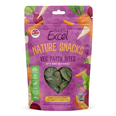 Burgess Excel Nature Snacks Veg Patch Bites with root vegetables, high grass content, no added sugar, rich in fibre, 60g, recommended by 92% of veterinarians. Burgess Excel Nature Snacks Veg Patch Bites with root vegetables, high grass content, no added sugar, rich in fibre, 60g, recommended by 92% of veterinarians.