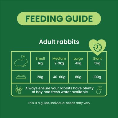 Feeding table for adult rabbits: Small 1, kg 20g, Medium 2–3, kg 40–60g, Large 4, kg 80g, Giant 5, kg 100g. Always provide hay and fresh water.