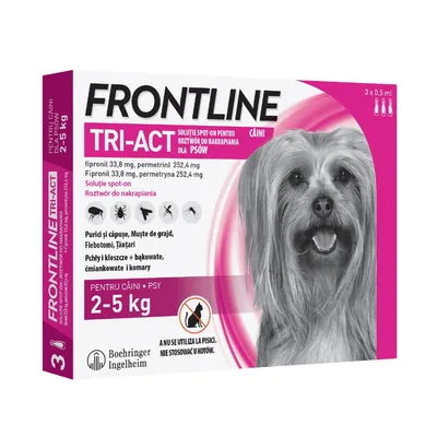 Frontline TRI-ACT roztwór do nakrapiania dla psów 2–5 kg, 3 x 0,5 ml. Fipronil 33,8 mg, permetryna 252,4 mg. Nie stosować u kotów. Boehringer Ingelheim.