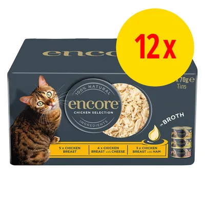 encore Chicken Selection, 12 x 70 g dåser. 5 x chicken breast, 4 x chicken breast with cheese, 3 x chicken breast with ham. 100% natural ingredients. Kat og dåser synlige på pakken.