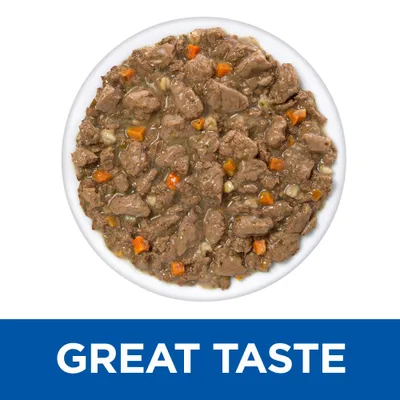 Купа с парчета месо и зеленчуци в сос. Текст на английски: GREAT TASTE.
