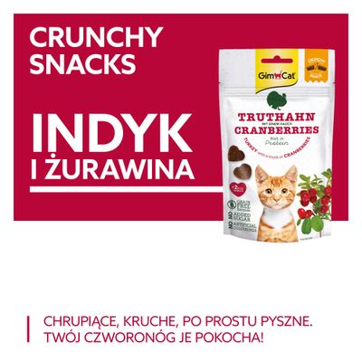 GimCat Truthahn Cranberries Crunchy Snacks, bez zbóż, bez dodatku cukru, z barwnikami sztucznymi, opakowanie przedstawia kota i żurawinę.