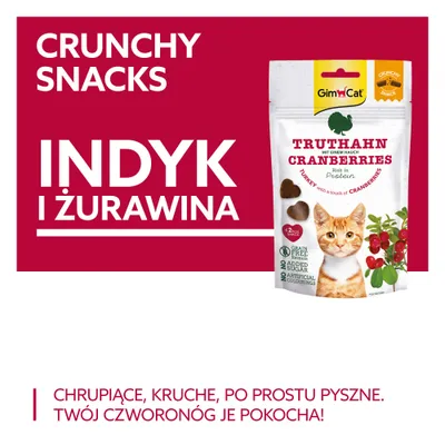 GimCat Truthahn Cranberries Crunchy Snacks, bez zbóż, bez dodatku cukru, z barwnikami sztucznymi, opakowanie przedstawia kota i żurawinę.