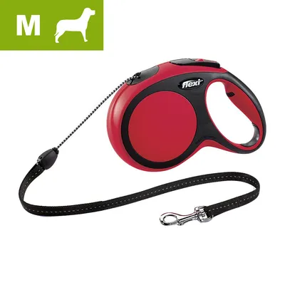 Guinzaglio avvolgibile Flexi rosso e nero, taglia M visibile in alto a sinistra, con moschettone metallico e corda nera.