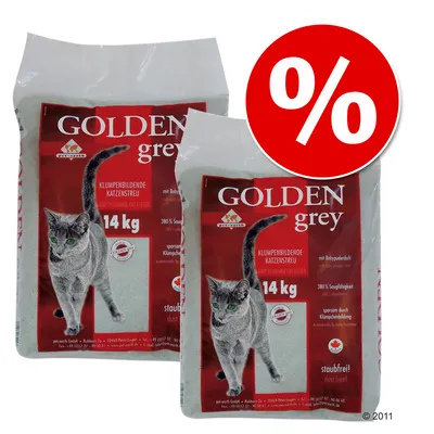 Kaksi Golden Grey -kissanhiekkapussia, kummassakin 14 kg. Punainen prosenttimerkki oikeassa yläkulmassa viittaa tarjoukseen.