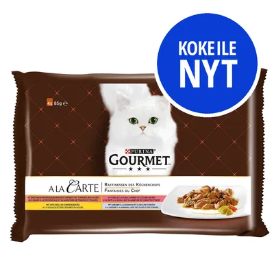 Purina Gourmet A la Carte kissan märkäruoka, 4 x 85 g annospussit. Pakkauksessa valkoinen kissa ja kuva ruoka-annoksesta. Sininen ympyrä: KOKEILE NYT.