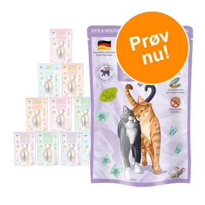 Kattevådfoder i poser med illustration af to katte, teksten 'Ente & Geflügel', 'Paté', 'Ohne Getreide grain free', 'Prøv nu!', tysk flag og 'Hergestellt in Deutschland'.