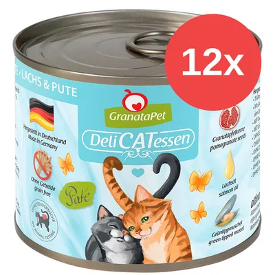 Lata de GranataPet DeliCATessen Paté, salmón y pavo, 12x. Texto visible: 'Hergestellt in Deutschland', 'Ohne Getreide', 'Ohne Tierversuche', semillas de granada, aceite de salmón, mejillón.