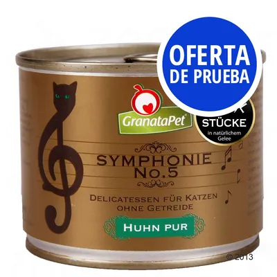 Lata de comida para gatos GranataPet Symphonie No.5, texto visible: 'Huhn pur', 'Delicatessen für Katzen ohne Getreide'. Etiqueta azul: 'OFERTA DE PRUEBA'.
