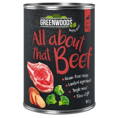 Greenwoods Adult Dog Nassfutter, All about that Beef, getreidefrei, begrenzte Zutaten, Single Meat, Eintopf-Stil, 400 g Dose mit Rindfleisch, Süsskartoffeln und Brokkoli.