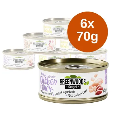 Zestaw 6 puszek po 70 g Greenwoods Delight. Widoczne smaki: Chicken & Duck, Chicken & Beef, Charming Chicken. Na etykietach: 70 % lub 73 % filet z kurczaka, limited ingredients.