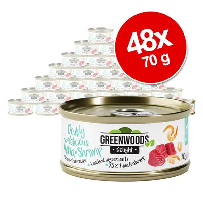 Lot de 48 boîtes Greenwoods Delight Doubly Delicious: Tuna & Shrimp, 70 g chacune. Texte visible : grain-free recipe, limited ingredients, 75 % tuna & shrimp.