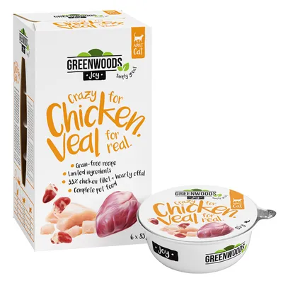 Greenwoods Joy hrana za odrasle mačke, Crazy for Chicken & Veal, brez žit, omejene sestavine, 33% piščančji file in drobovina, popolna hrana. Paket 6 x 85g.
