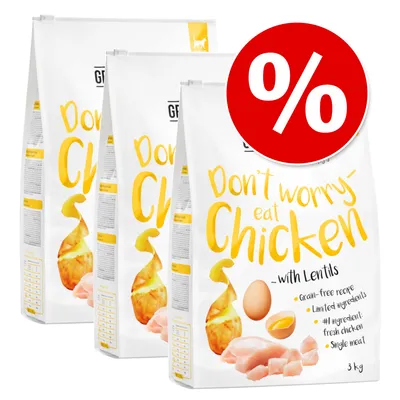 Trockenfutter 'Don't worry eat Chicken' mit Linsen, getreidefrei, begrenzte Zutaten, frisches Huhn als Hauptzutat, Single Meat. Rabatt-Symbol in Rot mit Prozentzeichen.