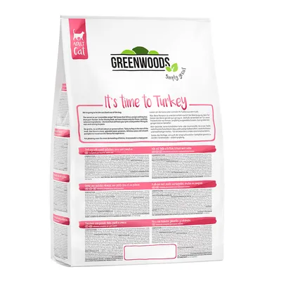 Greenwoods Adult Cat Trockenfutter 'It's time to Turkey', Beschreibung und Zutatenliste auf der Verpackung sichtbar.
