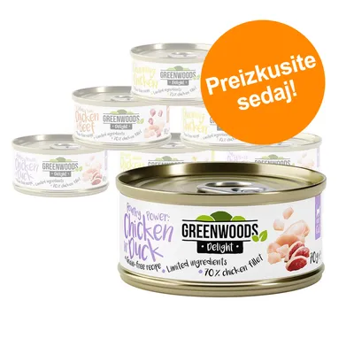 Več pločevink hrane za mačke Greenwoods Delight, vidne različice: Chicken in Duck, Charming Chicken, Chicken & Beef. Oranžen krog z besedilom: Preizkusite sedaj! Več pločevink hrane za mačke Greenwoods Delight, vidne različice: Chicken in Duck, Charming Chicken, Chicken & Beef. Oranžen krog z besedilom: Preizkusite sedaj!