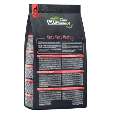 Greenwoods Adult Dog Trockenfutter, Sorte Beef Beef Hooray. Verpackung mit Inhaltsangaben und Fütterungsempfehlungen sichtbar.